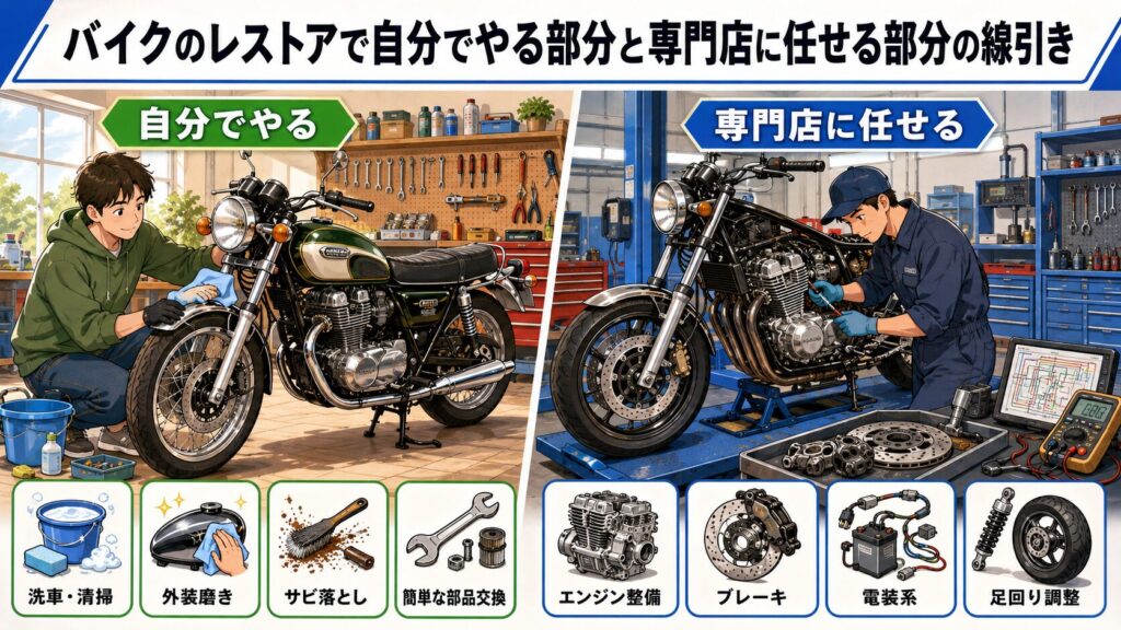 バイクのレストアで自分でやる部分と専門店に任せる部分の線引き